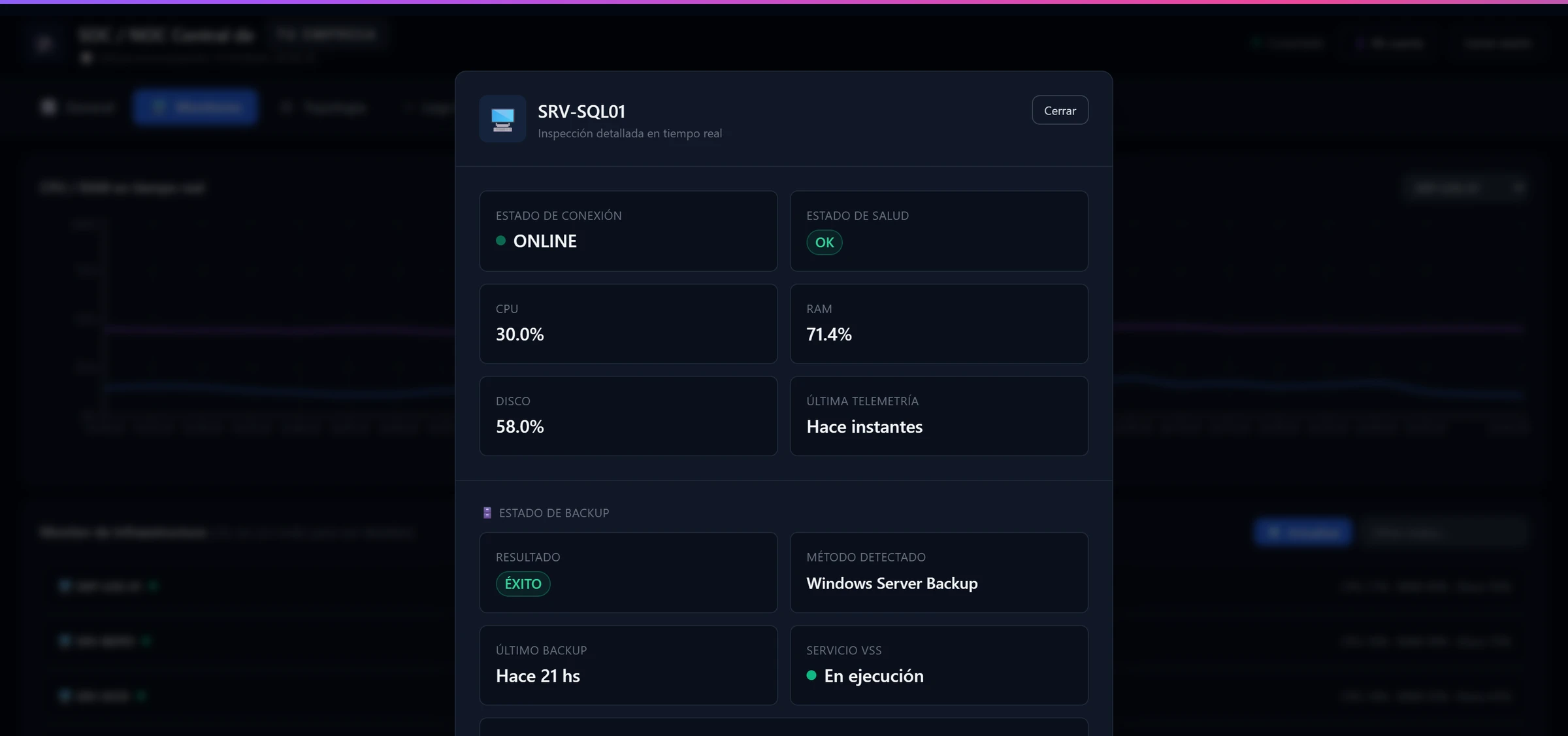 Detalle del servidor SRV-SQL01: conexión, salud, CPU, RAM, disco, último backup y servicio VSS.